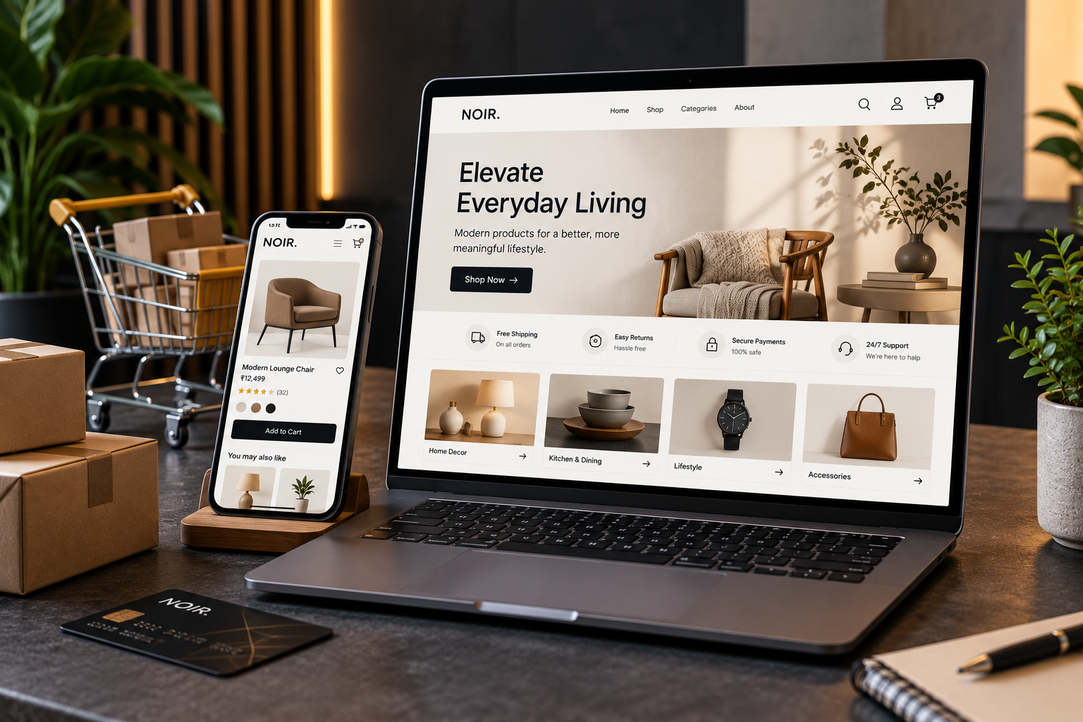 Ecommerce store mockup showing products and checkout