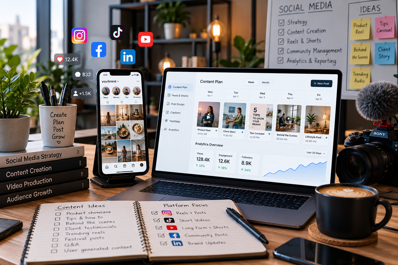 Social media content planning dashboard with analytics